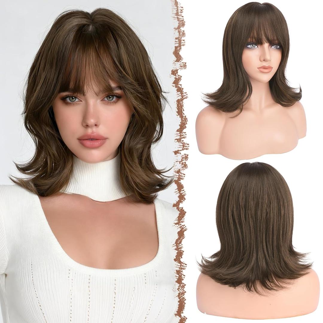 FESHFEN Shoulder Length Bob Wigs with Bangs for Women - Brown with Highlights Natural Layered Wavy Synthetic Wig For Daily Party Costume Use 14 Inch