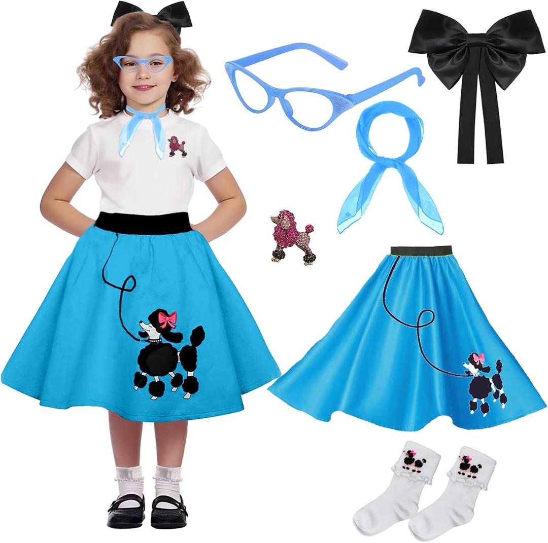 50s Girls Poodle Skirt Kids Sock Hop Outfit, Decades Day Costume - Grease Accessories Bobby Socks, Scarf & Glasses (Blue, 7-10 Yrs)