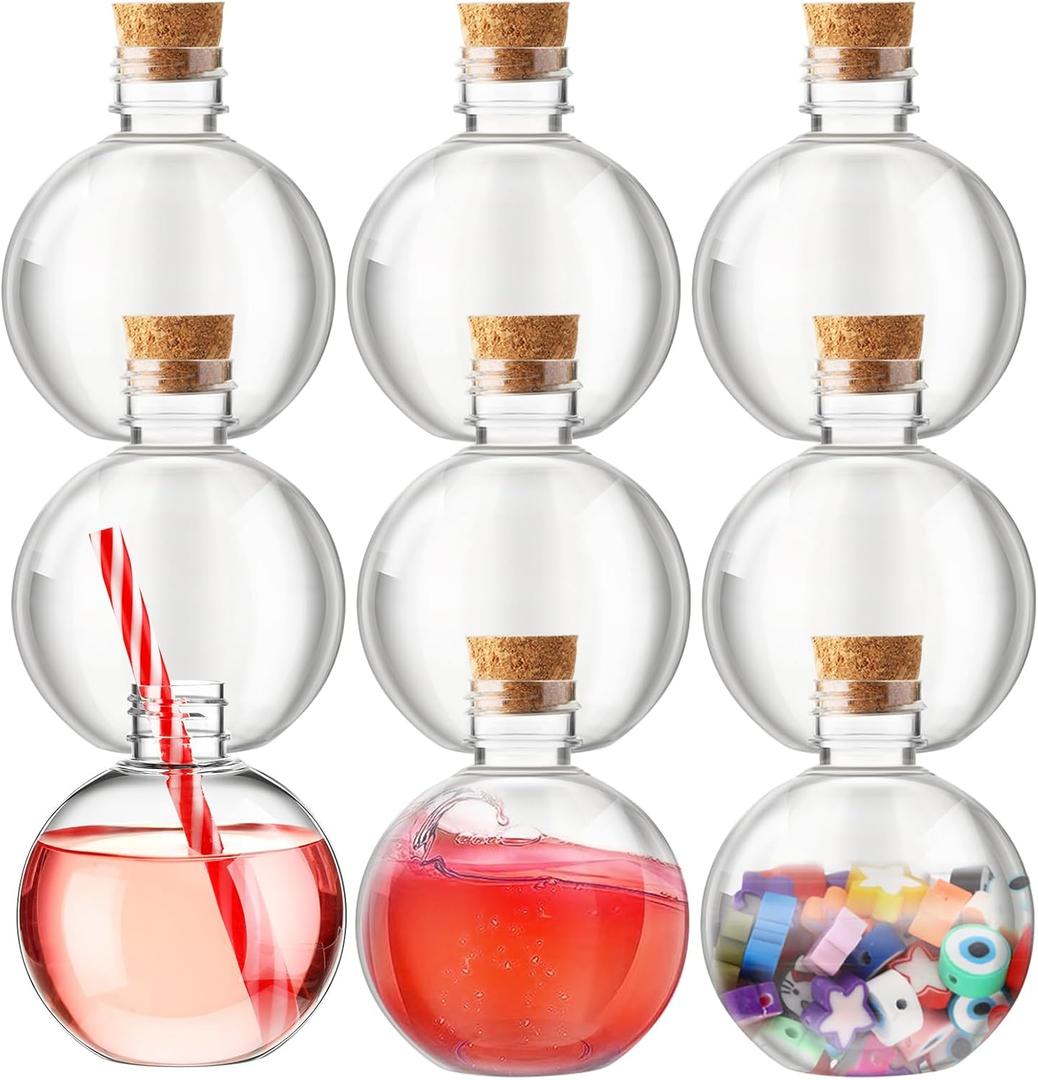 Jinei 9 Sets 8 oz Spherical Plastic Potion Bottles Ball Shape Sand Bottles Clear Plastic Cocktail Ornament Balls with Funnels for DIY Wedding Party Gift Crafts Decoration,(Wooden,Topper)