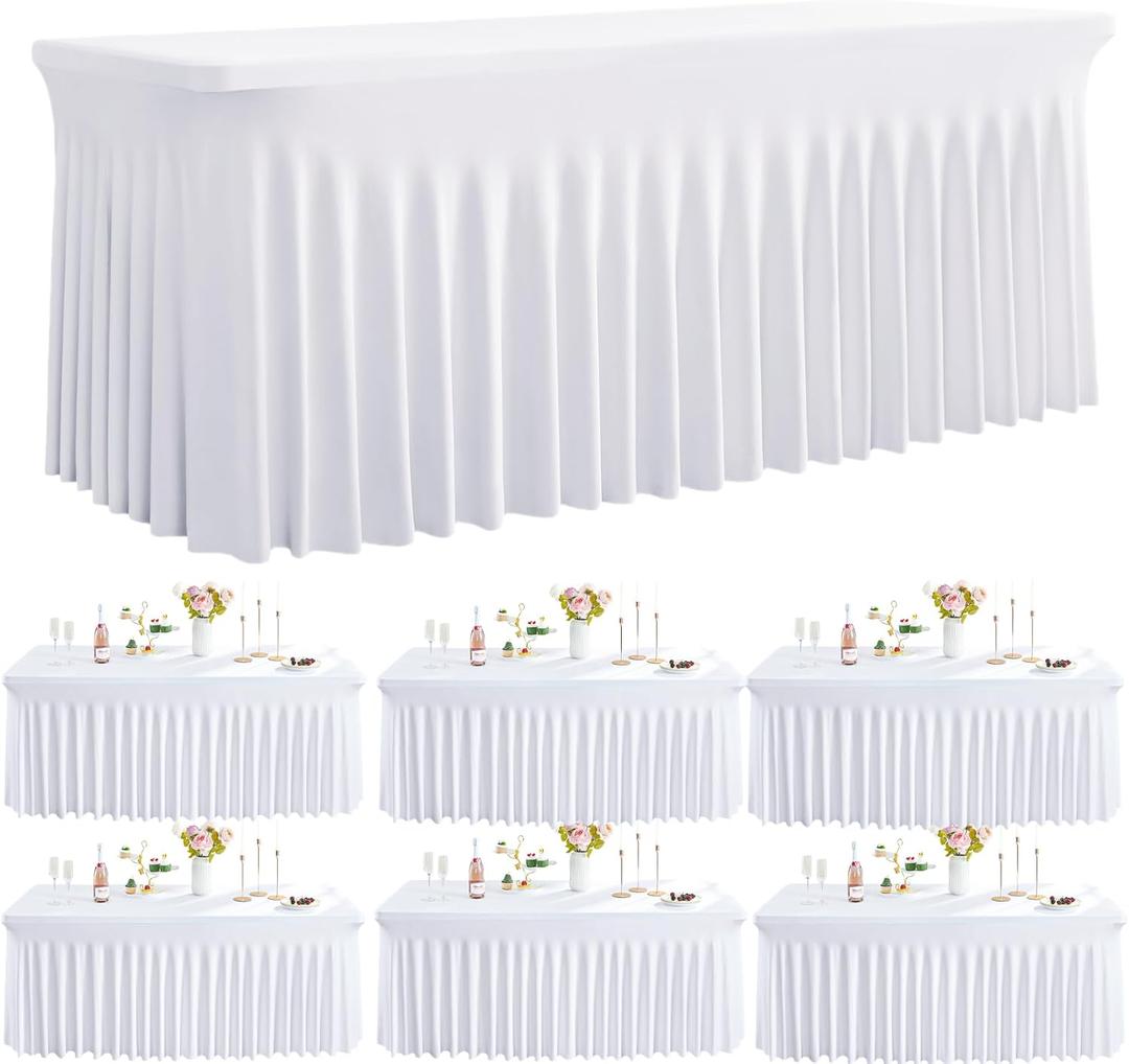 Outpain White Spandex Table Clothes for 8 Foot Rectangle Tables-6Pack 8FT Spandex Fitted Table Cover, Wrinkle Free Tablecloths with Skirt for Parties, Wedding, Birthday, Banquet, Festival
