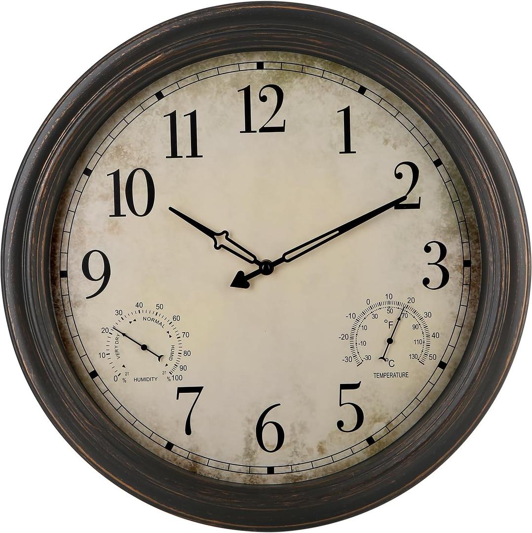 18 Inch Wall Clock, Retro Outdoor Clock Non-Ticking Waterproof Indoor Outdoor Clock with Thermometer, Bronze