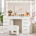 DWVO 46'' Glass Top Makeup Vanity with 10 Drawers, Vanity Desk Set with Large LED Mirror, Built-in Charging Station & Cushioned Storage Chair, Dressing Table with 3-Color Light Modes, Cream White