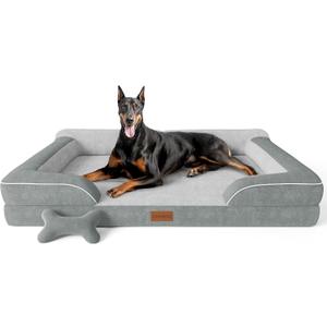 CWAWZ XXL Dog Bed for Extra Large Dogs, Giant Orthopedic Dog Bed with Cooling Gel Memory Foam, Waterproof Pet Bed with Removable Washable Cover, 53" Pet Sofa bed Dutch Velvet with Bone Toy, Light Gray