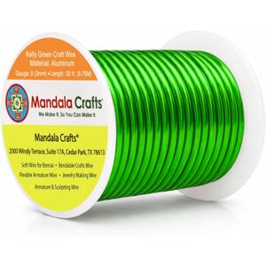 Mandala Crafts 8 Gauge Anodized Aluminum Craft Wire for Jewelry Making - 32 FT Colored Flexible Kelly Green Wire - Bendable for Bonsai Armature Crafting Sculpting