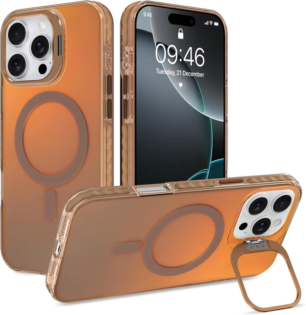 Cute Case for iPhone 16 Pro Max Case with Stand for Women Girls Men [Compatible with Magsafe] Aesthetic Glitter Sparkly Bling Magnetic Phone Cover with Camera Lens Kickstand, Iridescent Gold