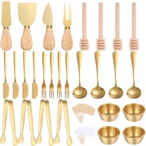 48Pcs Charcuterie Boards Accessories Gold Charcuterie Utensils Butter Spreader Knives Set Stainless Steel Cheese Mini Serving Tongs Spoons Forks Dipping Bowls Toothpick Flags Utensil for Pastry Making