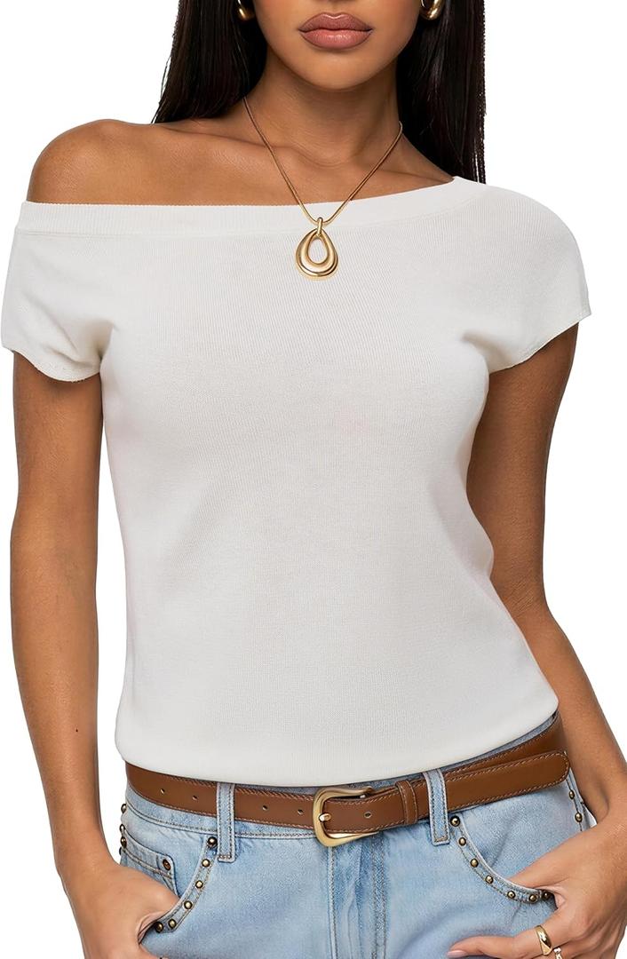 SUUKSESS Women Silk Cashmere Blend Off The Shoulder Tops Summer Lightweight Knit Trendy Sweaters Loose Fit Shirts (Small, 02 Snow White)