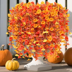 Artificial Fall Hanging Flowers for Outdoors 6pcs Long Vine Fake Fall Flowers Plants for Autumn Decoration, Silk Faux Morning Glory Look Real UV Resistant for Outside Planters Yard Patio Porch