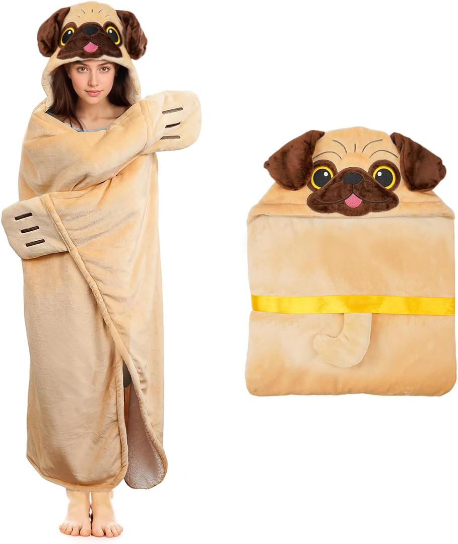 Tian Zhun Pug Gifts for Women Pugs Lovers Pug Wearable Blanket Fluffy Super Soft Flannel Adult Animal Hooded Blanket for Women Mothers Day Christmas Birthday, One size