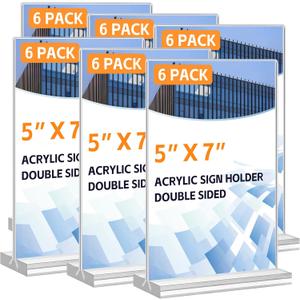 Acrylic Sign Holder 5x7, 6 Pack Vertical Clear Table Menu Display, Double Sided Table Top Frame Plastic Stand, Suitable for Restaurants, Office, Store, Fair