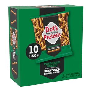 Dot's Pretzels Parmesan Garlic Seasoned Pretzel Twist Snack, 1oz Individually Sized Bag (10 Count) (EXP 09/05/26)
