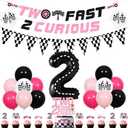 Two Fast 2 Curious Birthday Decorations Girl, Race Car 2nd Birthday Party Decorations Balloons Cake Cupcake Topper Checkered Flag Banner Number 2 Foil Balloon for Girls 2nd Birthday