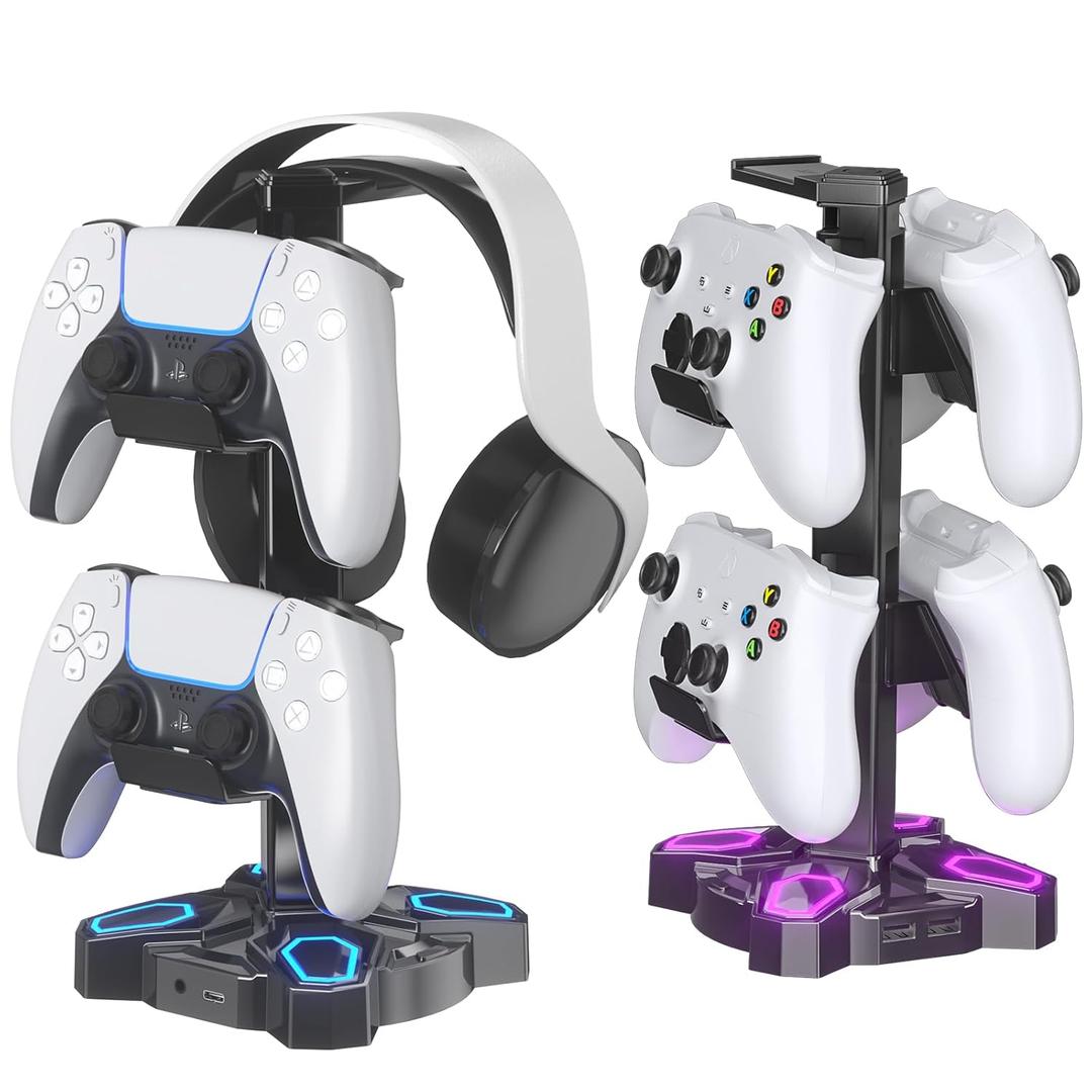 KDD Gaming Headphones Stand, Rotatable Headset Stand with Light Modes - Controller Holder with 2 USB Charging Ports and 3.5mm - Earphone Hanger Accessories for Desktop Gamer(Black)