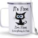 Hyturtle Funny Black Cat Gifts For Cats Lover - It's Fine I'm Fine Everything Coffee Tumbler Cup Mug Stainless Steel 12 Oz - Cats Gifts For Women - Birthday Gift For Cat Lovers On Birthday Christmas