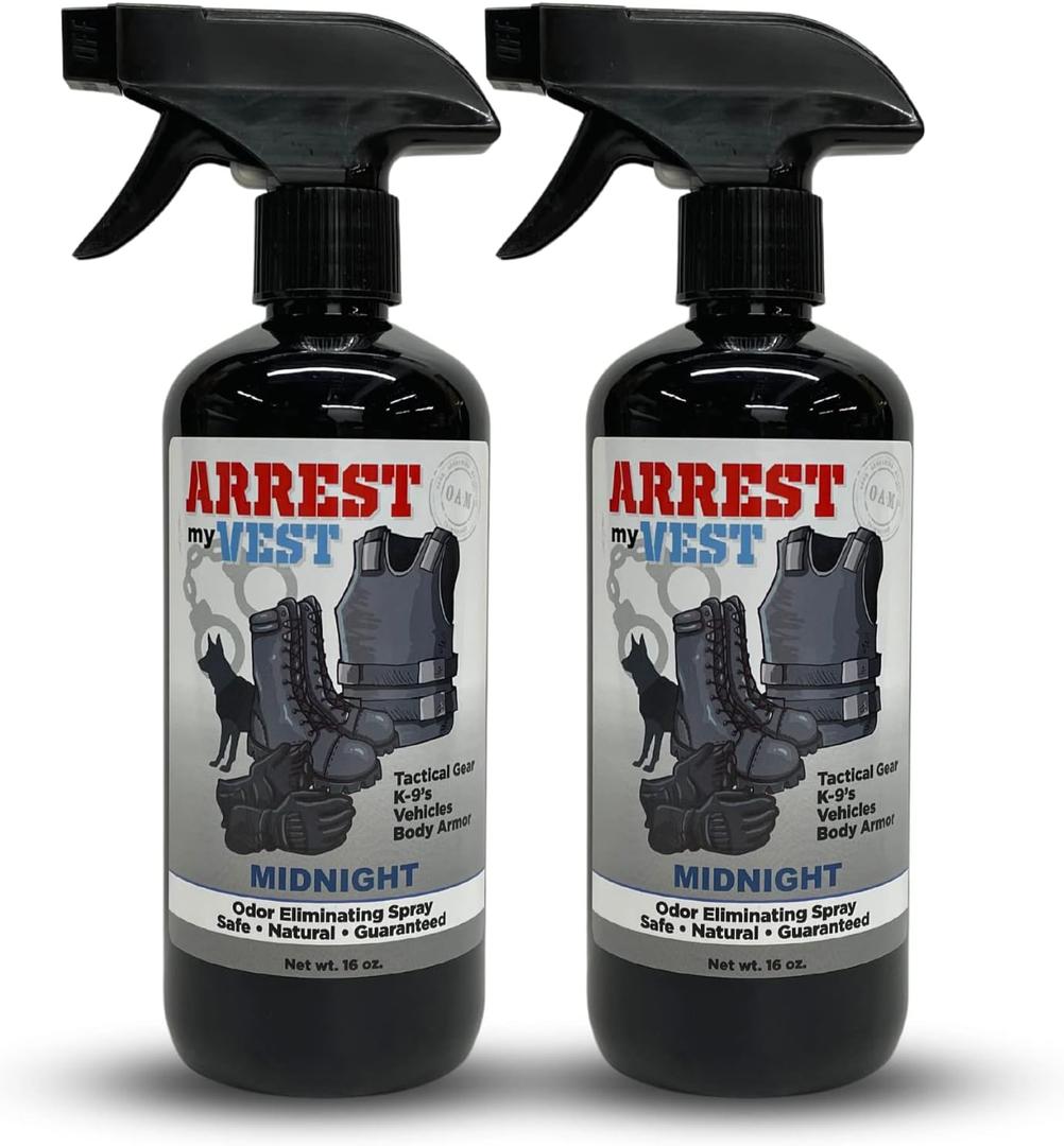 Arrest My Vest Military and Police Grade Odor Eliminating Spray for Body Armor Odor, Tactical Gear. Safe on K9's. Safe on All Ballistic Vests and Fabrics - Midnight Fragrance - 2 16 oz Bottles