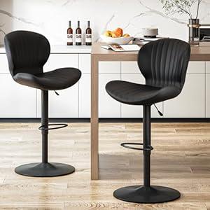 Waleaf Modern Adjustable Bar Stools Set of 2, Faux Leather Upholstered Swivel Counter Stools, Counter Height Bar Stools with Large Base, Easy 5 Minute Assembly for Kitchen Island (Black, Set of 2)