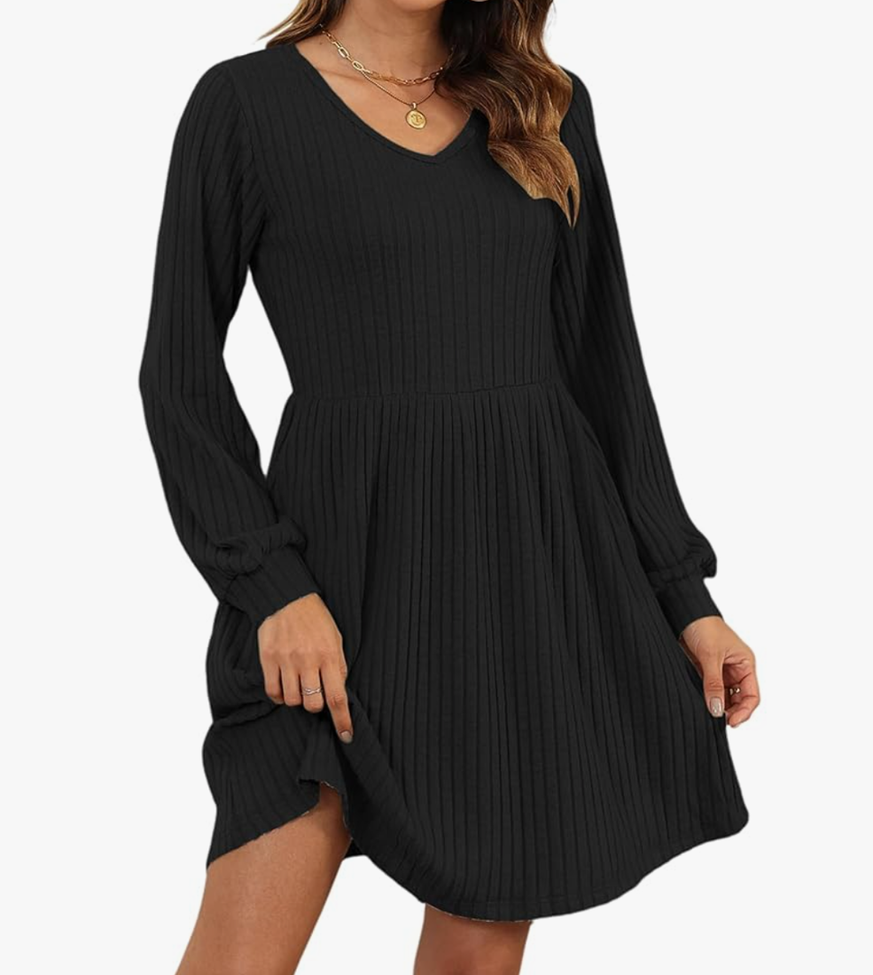 AUSELILY Womens Fall Dress 2025 Long Sleeve V Neck Short Dress Lightweight Casual Knit Sweater Dresses with Pockets S