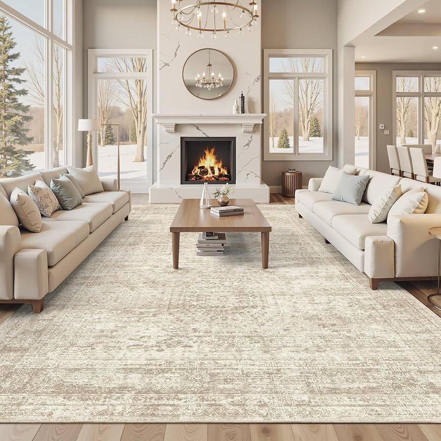 12x15 Area Rug for Living Room – Extra Large Modern Neutral Abstract Washable Carpet, Soft Low Pile Non-Slip Stain-Resistant Oversized Rug for Bedroom Dining Room Home Office (Warm Beige)