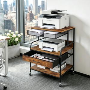 23.6''x18.9'' Large Printer Stand with Drawer, 3 Tier Printer Table with Wheels, 5-Adjustable Heights Rolling Printer Cart with Storage for Home Office Fits Printer Scanner Fax