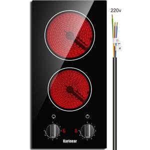 Karinear 2 Burner Electric Cooktop 12 Inch Built-in Electric Stove Top, 220v- 240v Radiant Cooktop with Residual Heat Indicator, Knob Control, Over-Temperature Protection, Hard Wire(No Plug)