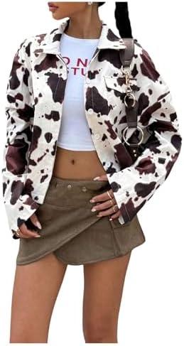 Floerns Women's Cow Print Jacket Long Sleeve Button Down Western Cowboy Coat Outerwear, L