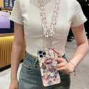 Compatible with iPhone 14 Plus Case,[ with wrist strap + lanyard ]Colorful Retro Oil Painting Printed Flower Laser Glossy Pattern Cute Exquisite Phone Cover Stylish Protective Case for Girls Women. (Pink)