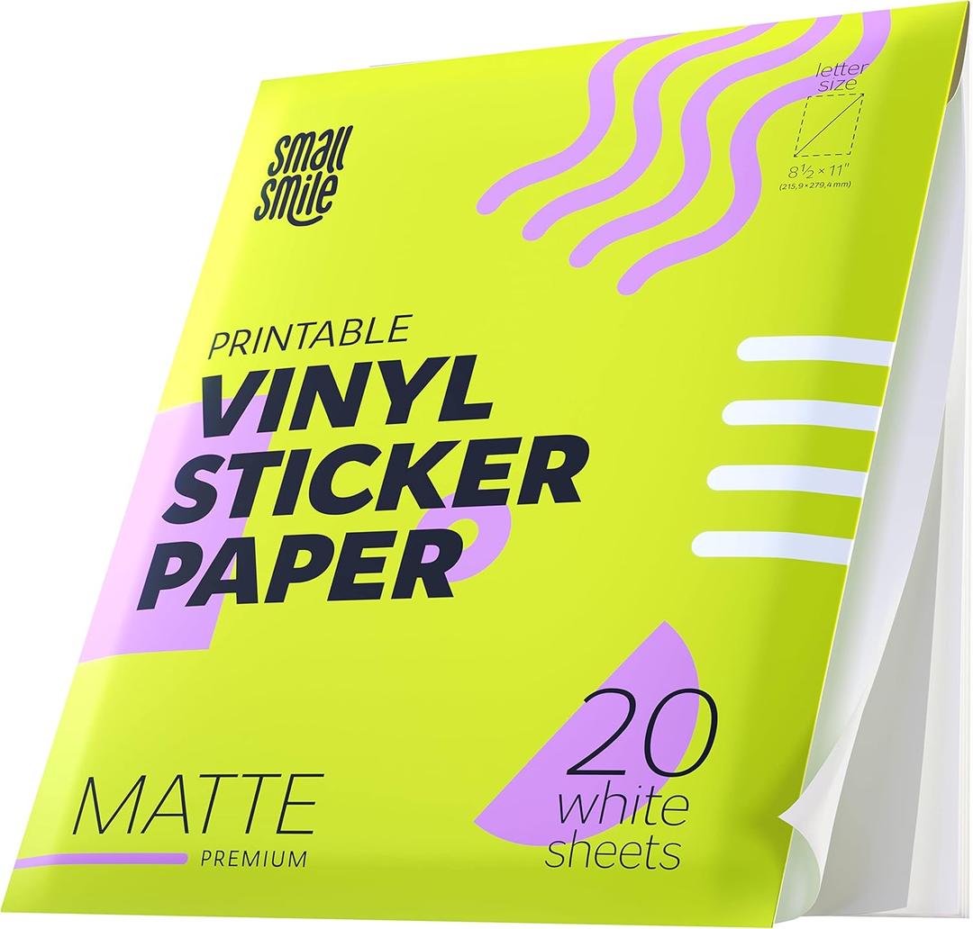 Premium Printable Vinyl Sticker Paper for Inkjet Printer and Laser - 20 White Matte Sticker Paper Waterproof - Durability Adhesive Paper 8.5 x 11, Fast Dry, Holds Ink Well, Great for Cutting Machines