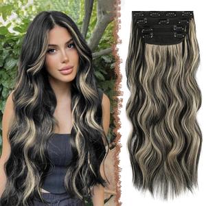 FESHFEN Clip in Hair Extensions - 4 PCS Long Wavy Thick Clip in Hairpieces Full Head Synthetic Hair Extension for Women, Black Highlighteded Blonde 20 Inch