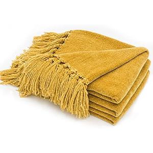 RECYCO Throw Blanket Soft Cozy Chenille Throw Blanket with Fringe Tassel for Couch Sofa Chair Bed Living Room Gift (Mustard Yellow, 60'' x 80'')