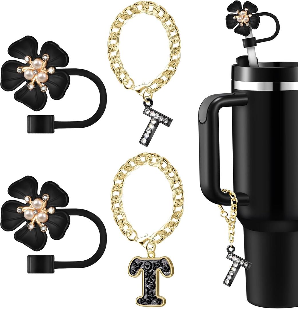 Straw Covers for Stanley Cup Accessories: Black Decorations for Stanley 30 oz & 40 oz Tumbler with Handle, Bling Letter Charms and Flower Silicone Straw Cap Topper, Trendy Stuff for Teen Girls & Women