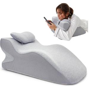 Adult Ergonomic Memory Foam Bed Triangle Wedge Pillow Headboard for Sitting up Back Neck Pain Relief with Face Down Massage Prone Pillow Function for Reading, with Washable Cover (Grey)