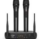 Pyle Channel Microphone System-VHF Fixed Dual Frequency Wireless Set with 2 Handheld Dynamic Transmitter Mics, Receiver Base-for PA, Karaoke, Dj Party (PDWM2135), Black