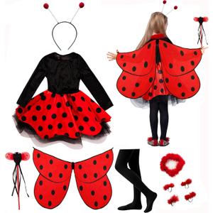 IKALI Girls Ladybug Costume, Halloween Deluxe Animal Fairy Fancy Dress Outfit with Wings (10pcs Set) 7-8 Years