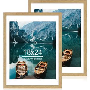 Hongkee 18x24 Frame Set of 2, Natural Oak Wood Style - Display 18 x 24 Poster without Mat or 16x20 Picture with Mat, Wall Mounting Horizontal and Vertical
