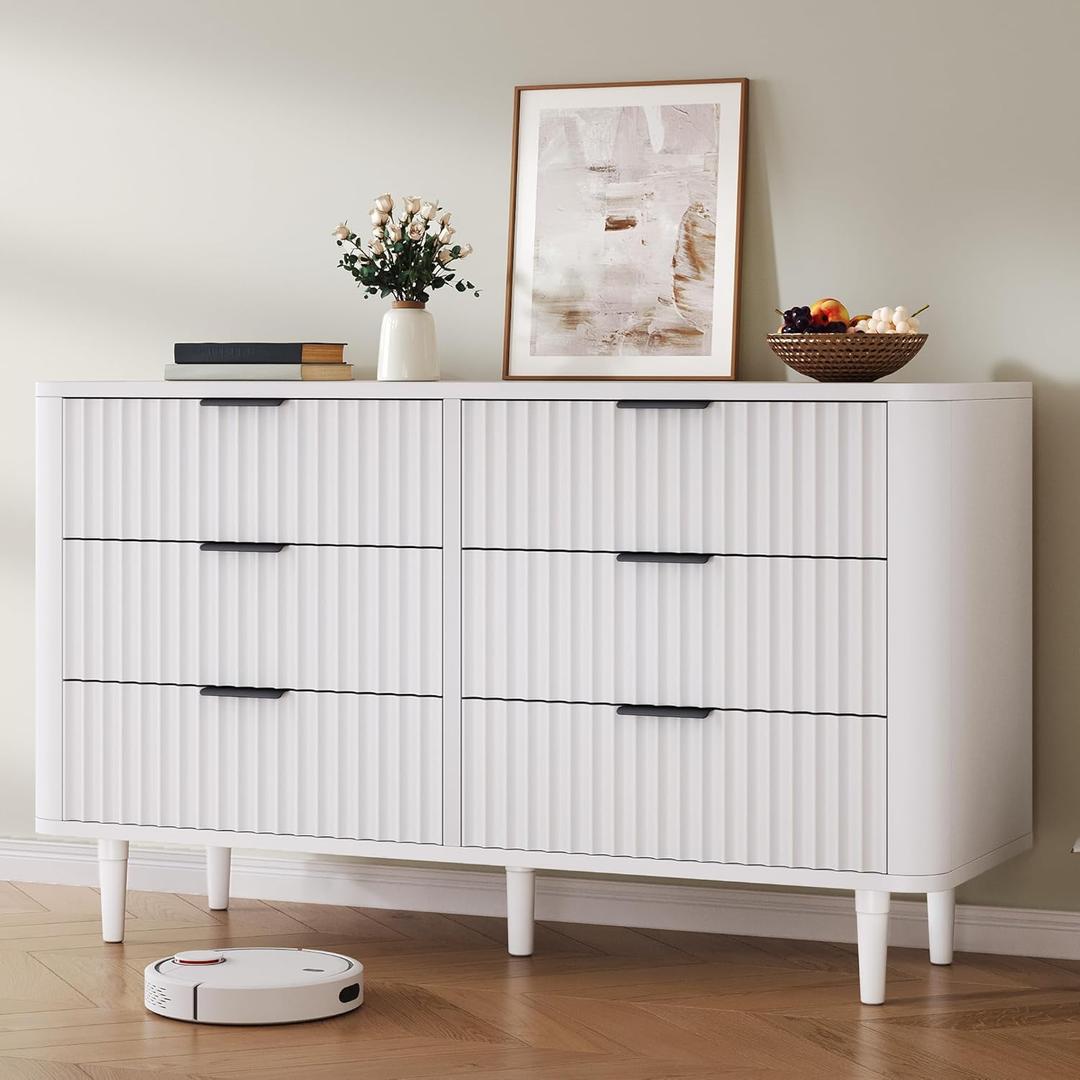 DWVO 6 Drawer Dresser with Waveform Fluted Panel, Wider Modern Closet Dressers Chest of Drawers, Wood Storage Dresser Organizer for Dorms, Flats, Hallways, White (15.7"D x 47.2"W x 32.5"H (6 Drawers))