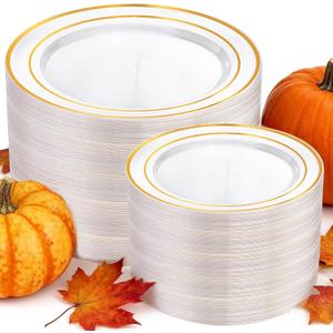 I00000 200 Pcs Clear Gold Plastic Plates - Disposable Party Plates, Gold Plate Disposable Include 100 Dinner Plate and 100 Dessert Plate, Plastic Plate for Party, Holiday, Wedding & Birthday