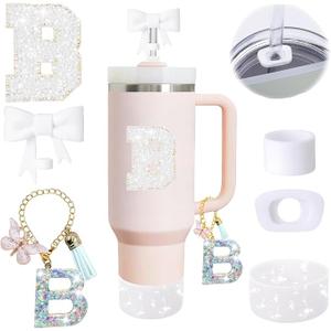 5PCS White Stanley Cup Accessories Set Fit for Stanley Cup 30oz 40oz. Including Handle Charm, Personalized Initial Sticker, Straw Topper, Sparkly Silicone Boot, Spill Proof Stopper (Letter-R)