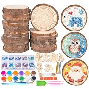 30PCS 3.5"-4" Unfinished Wooden Ornaments for Crafts, Wood Slices, Kids Wooden Painting Kit Arts Crafts, DIY Ornaments for Kids Crafting Painting Winter New Year Party Hanging Decorations