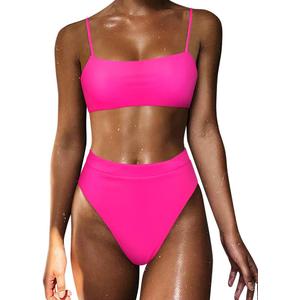 MOSHENGQI Women High Wasited Bikini Shoulder Strap 2 Piece High Cut String Swimsuits (Medium, 33 Hot Pink)