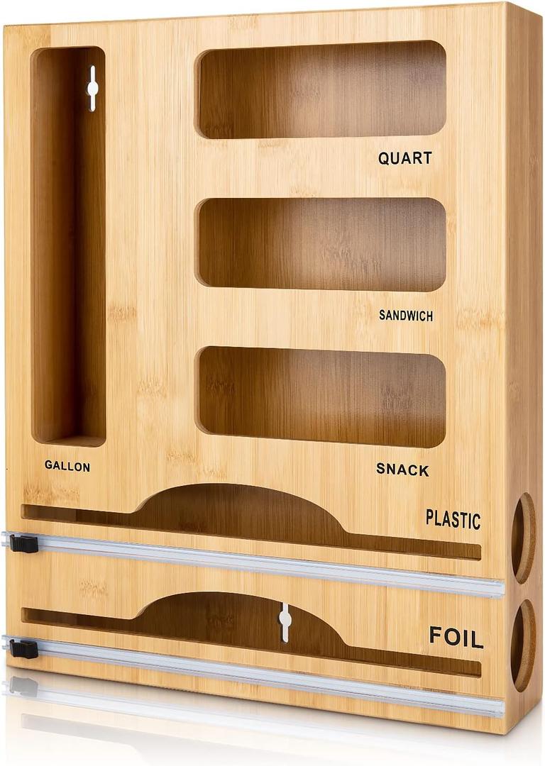 Storage Bag Organizer with Foil and Plastic Wrap Organizer , Aluminum Foil Dispenser with Cutter,