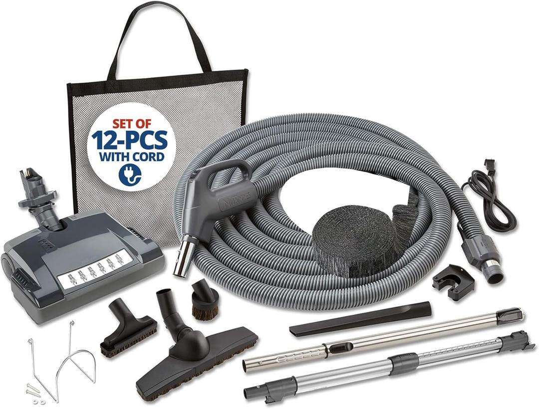 Central Vac Electric Pigtail Deluxe Attachment Set for Cleaning Carpets, Hardwood Floors, Furniture & Draperies - 30FT Crushproof Hose, Twist & Turn Brush, Deluxe Electric Brush, Wands & Storage Bag