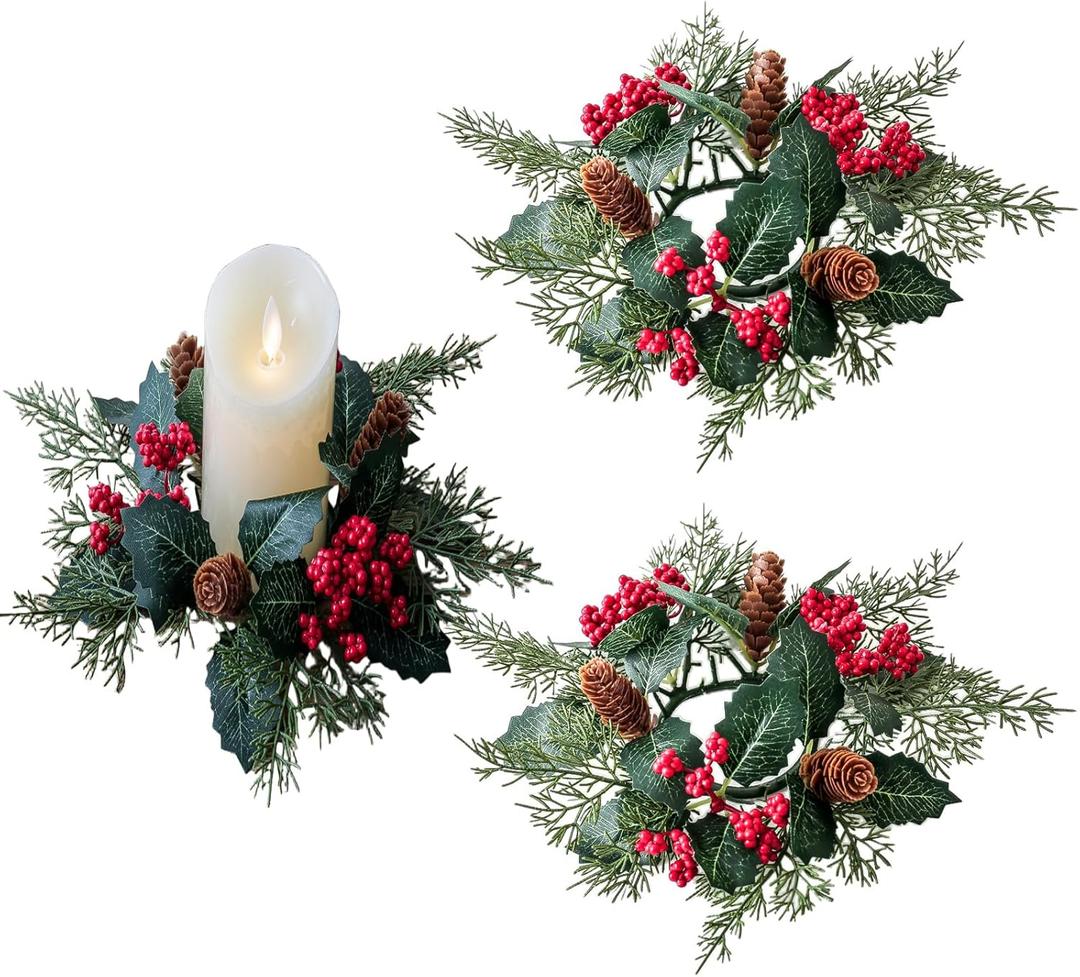 2 Pieces Christmas Candle Rings Wreaths,Artificial Flower Red Berries Candle Holders,Christmas Ornaments Xmas Garland Wedding Home Table Centerpieces Kitchen Decors