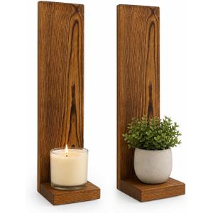 Wall Candle Sconces Set of 2, Rustic Wood Farmhouse Wall Decor, Vintage Brown Candle Holders for Living Room, Bedroom & Hallway