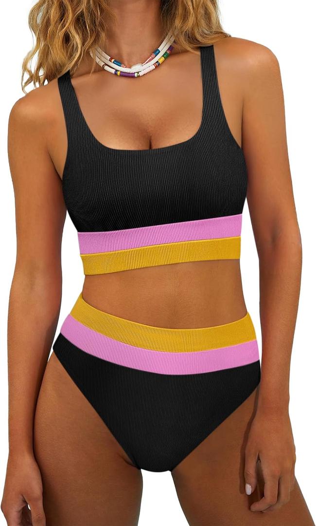 ANRABESS Bikini Sets for Women Summer 2026 High Waisted 2 Piece Bathing Suit Tummy Control Swimsuit Color Block Swimwear, Size Large 