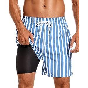 SILKWORLD Quick Dry Mens Swimsuit Trunks with Compression Liner High-end Striped Swim Shorts 5 inch Bathing Suits with Zipper Pockets, Blue&White Vertical Stripes, XX-Large