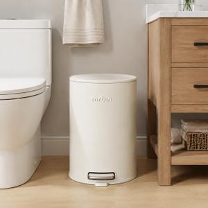 MRBIN Metal Bathroom Trash Can with Lid, 12L / 3.2gal Step Waste Basket for Bedroom, Round Kitchen Garbage Pail with Plastic Inner Bucket and Stainless Steel Pedal, Cream White