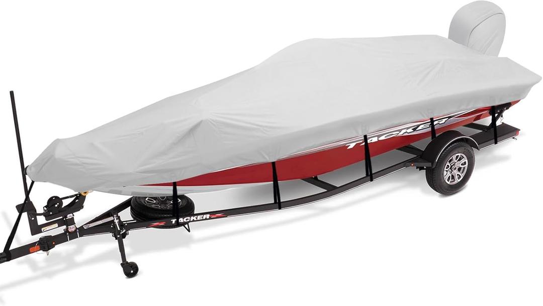 Trailerable Boat Cover 17-19ft with Outboard Motor Cover, 900D Marine Canvas Waterproof & UV-Proof Heavy Duty Boat Covers for 17 feet 18ft 19' Foot V-Hull Bass Boat Runabout Boat, Gray