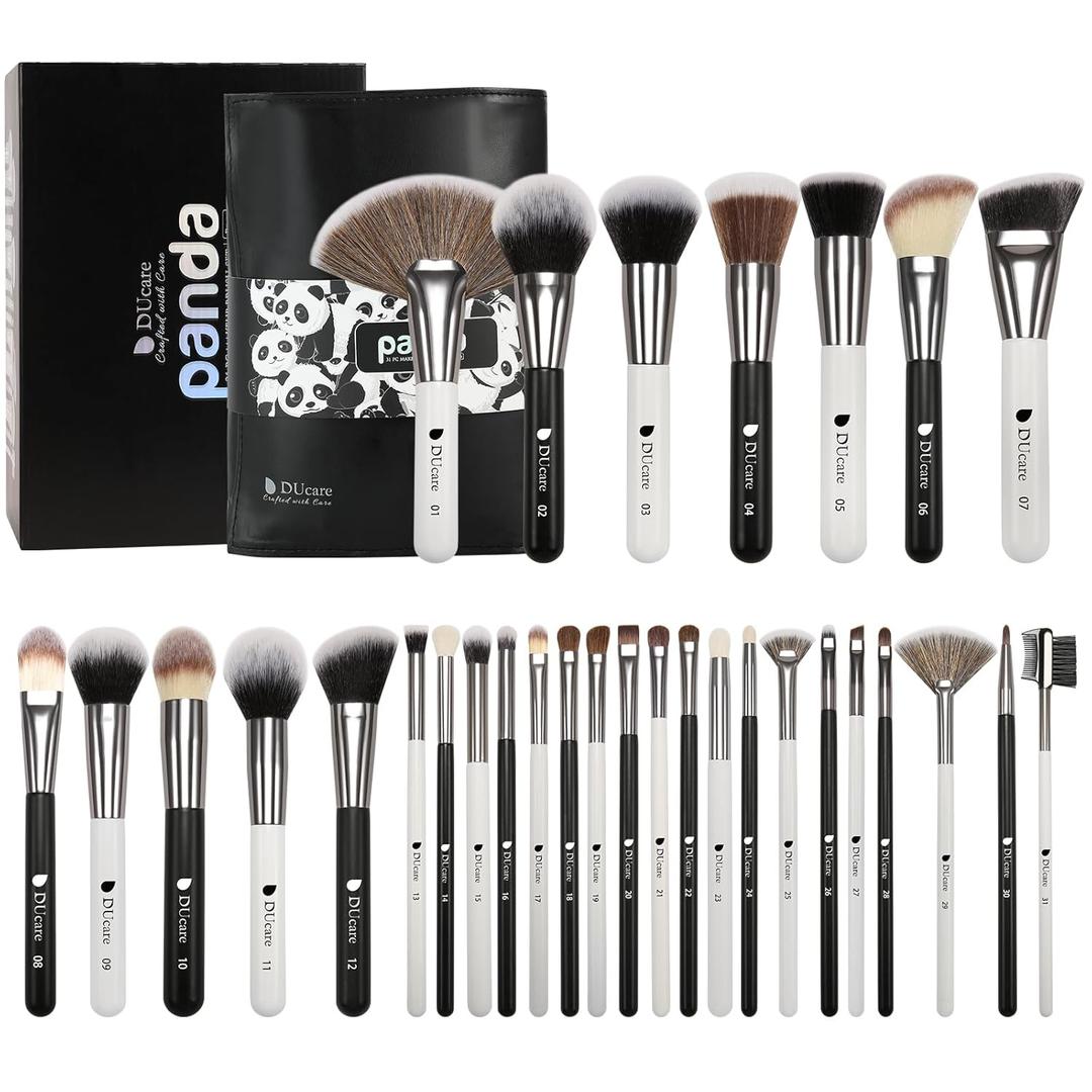 DUcare Professional Makeup Brushes Set 31Pcs Panda Series Makeup Brush Set Kabuki Foundation Blending Face Powder Blush Concealers Eye Shadows With Leather Case Organizer (white and Black)
