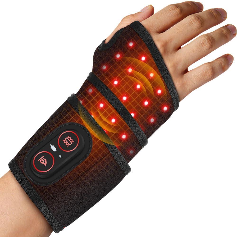 Cordless Wrist Hand Heating Pad Massage for Pain Relief, Rechargeable Heated Wrist Brace for Carpal Tunnel, Red Light Therapy Heated Wrist Massager Wrap for Arthritis, Black