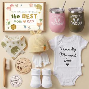 New Mom Gifts for Women, Top Pregnancy Gifts for New Parents, Gender Reveal Gifts with Mom and Dad Baby Shower Gifts Basket with Tumblers, Newborn Essentials, Decision Coin & Card for First Time Moms Green 13 PCS